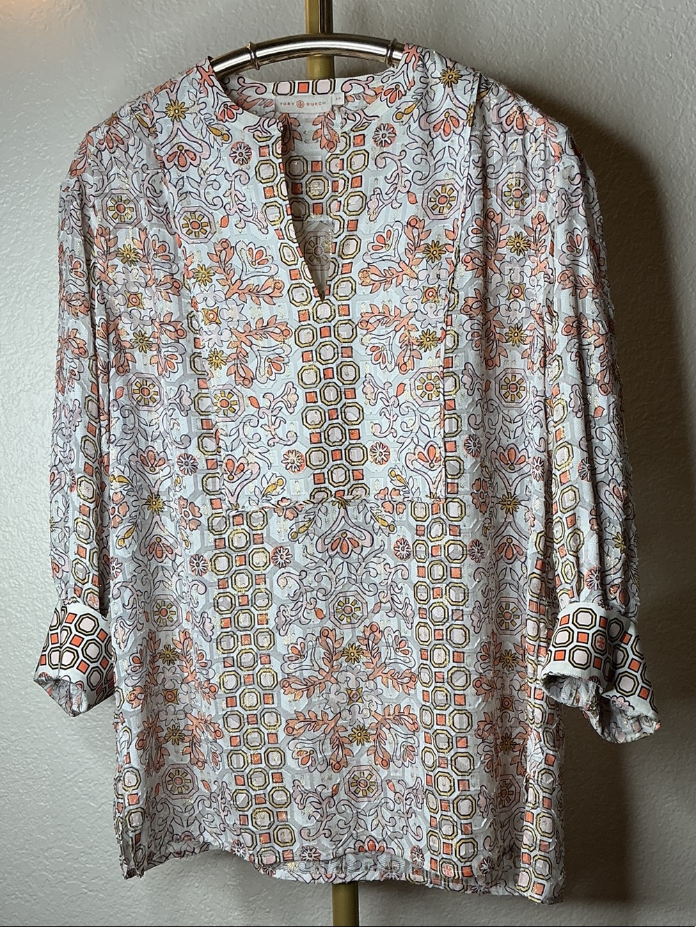 Tory Burch Cream Tunic with Orange and Gold Floral Print